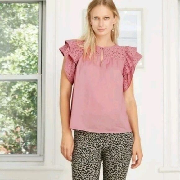 A NEW DAY Eyelet Ruffle Puff Short Sleeve Pink Size XS - Picture 2 of 9